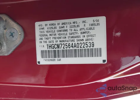 2004 Honda Accord 2.4 Ex из США, поврежденный, VIN 1HGCM72564A022539